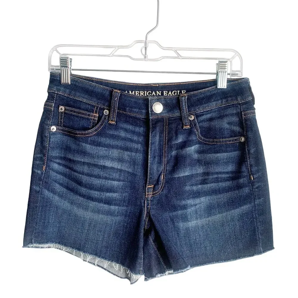 American Eagle AE Hi-Rise Shortie Jean Shorts Dark Wash Frayed Hem 8 - Picture 1 of 10
